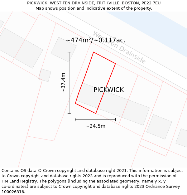 PICKWICK, WEST FEN DRAINSIDE, FRITHVILLE, BOSTON, PE22 7EU: Plot and title map