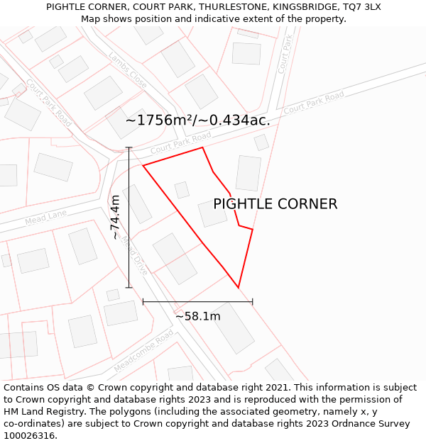 PIGHTLE CORNER, COURT PARK, THURLESTONE, KINGSBRIDGE, TQ7 3LX: Plot and title map