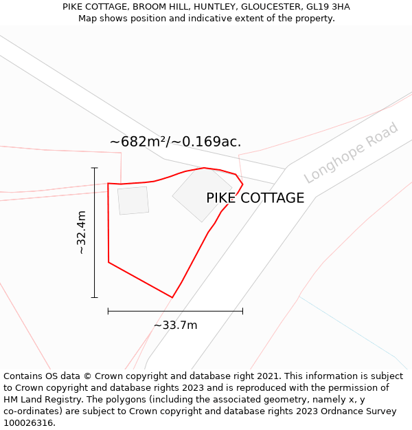 PIKE COTTAGE, BROOM HILL, HUNTLEY, GLOUCESTER, GL19 3HA: Plot and title map