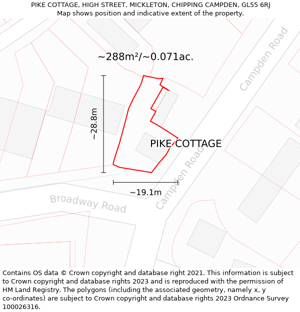 PIKE COTTAGE, HIGH STREET, MICKLETON, CHIPPING CAMPDEN, GL55 6RJ: Plot and title map