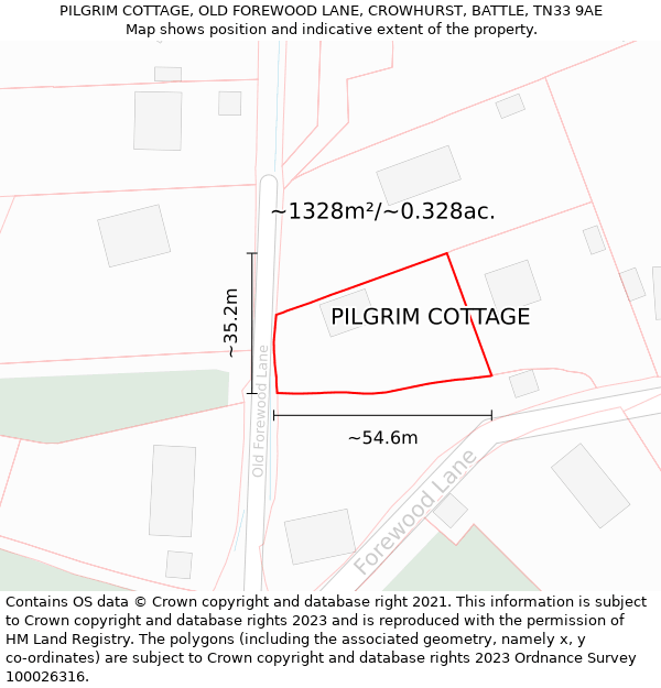 PILGRIM COTTAGE, OLD FOREWOOD LANE, CROWHURST, BATTLE, TN33 9AE: Plot and title map