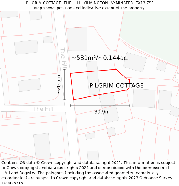 PILGRIM COTTAGE, THE HILL, KILMINGTON, AXMINSTER, EX13 7SF: Plot and title map