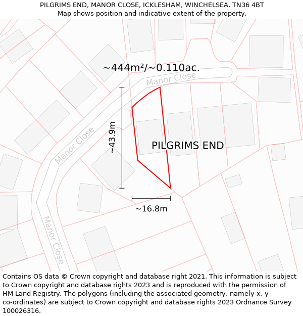 PILGRIMS END, MANOR CLOSE, ICKLESHAM, WINCHELSEA, TN36 4BT: Plot and title map