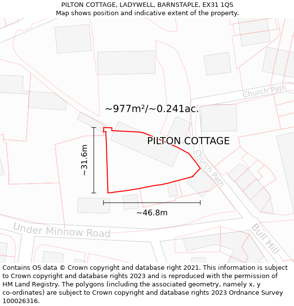 PILTON COTTAGE, LADYWELL, BARNSTAPLE, EX31 1QS: Plot and title map