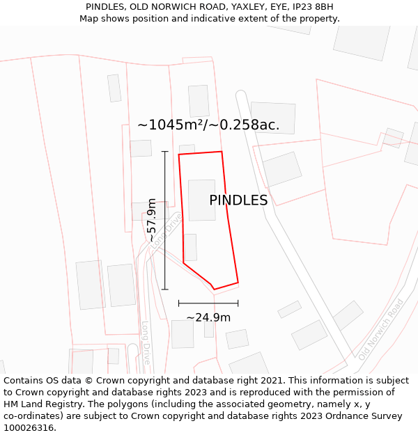 PINDLES, OLD NORWICH ROAD, YAXLEY, EYE, IP23 8BH: Plot and title map