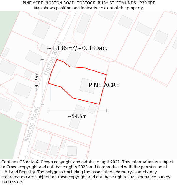 PINE ACRE, NORTON ROAD, TOSTOCK, BURY ST. EDMUNDS, IP30 9PT: Plot and title map