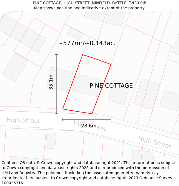 PINE COTTAGE, HIGH STREET, NINFIELD, BATTLE, TN33 9JR: Plot and title map