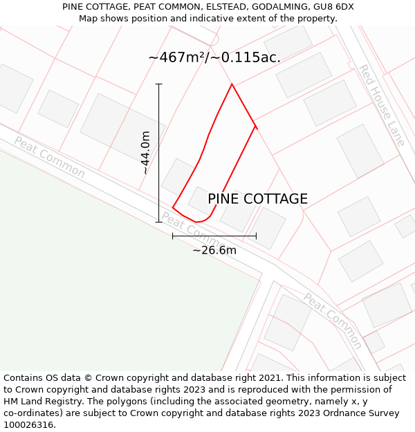 PINE COTTAGE, PEAT COMMON, ELSTEAD, GODALMING, GU8 6DX: Plot and title map