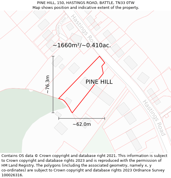 PINE HILL, 150, HASTINGS ROAD, BATTLE, TN33 0TW: Plot and title map