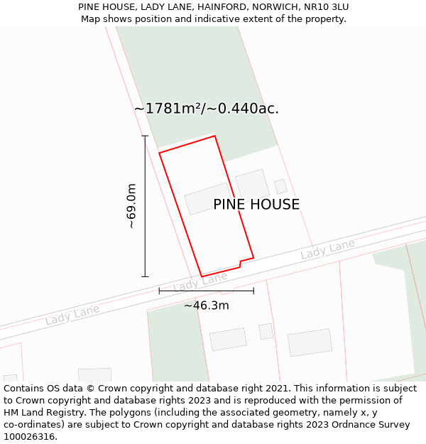 PINE HOUSE, LADY LANE, HAINFORD, NORWICH, NR10 3LU: Plot and title map