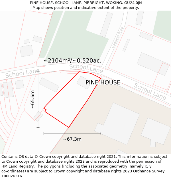 PINE HOUSE, SCHOOL LANE, PIRBRIGHT, WOKING, GU24 0JN: Plot and title map