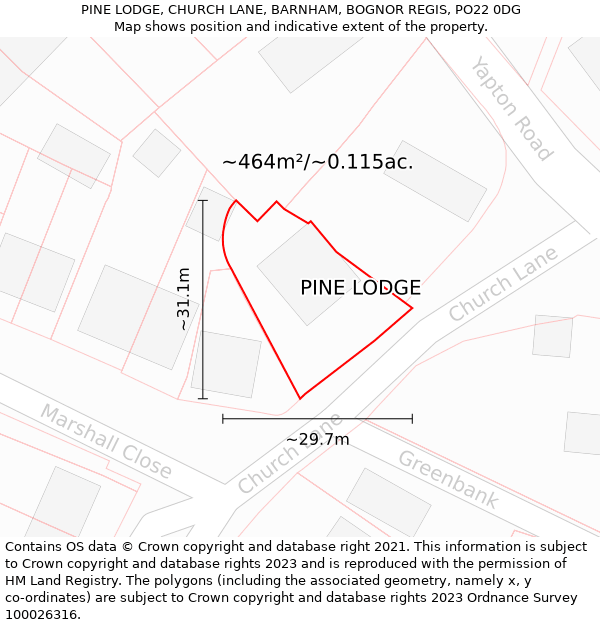 PINE LODGE, CHURCH LANE, BARNHAM, BOGNOR REGIS, PO22 0DG: Plot and title map