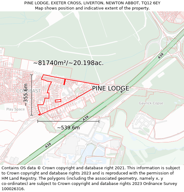 PINE LODGE, EXETER CROSS, LIVERTON, NEWTON ABBOT, TQ12 6EY: Plot and title map