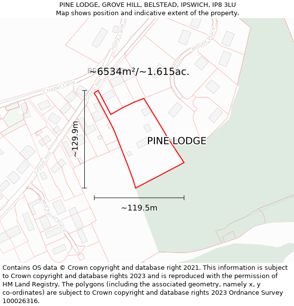 PINE LODGE, GROVE HILL, BELSTEAD, IPSWICH, IP8 3LU: Plot and title map