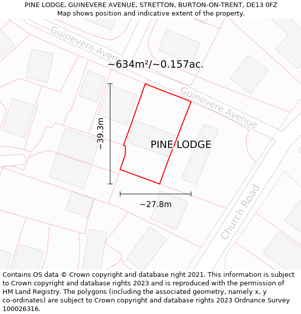 PINE LODGE, GUINEVERE AVENUE, STRETTON, BURTON-ON-TRENT, DE13 0FZ: Plot and title map