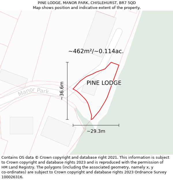 PINE LODGE, MANOR PARK, CHISLEHURST, BR7 5QD: Plot and title map