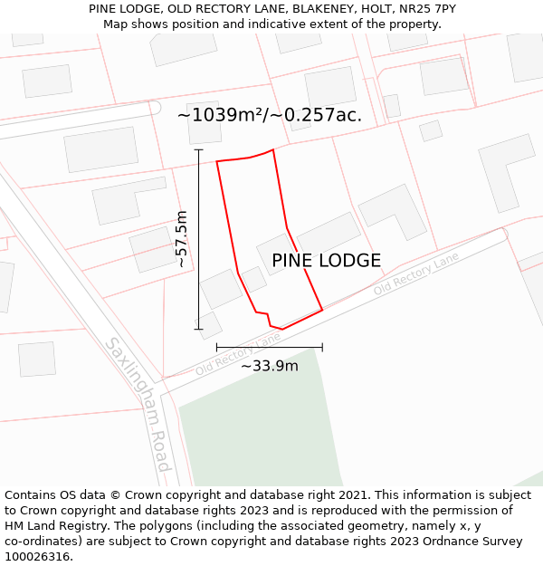 PINE LODGE, OLD RECTORY LANE, BLAKENEY, HOLT, NR25 7PY: Plot and title map