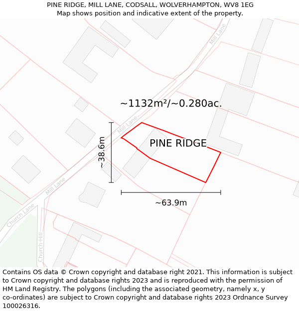 PINE RIDGE, MILL LANE, CODSALL, WOLVERHAMPTON, WV8 1EG: Plot and title map