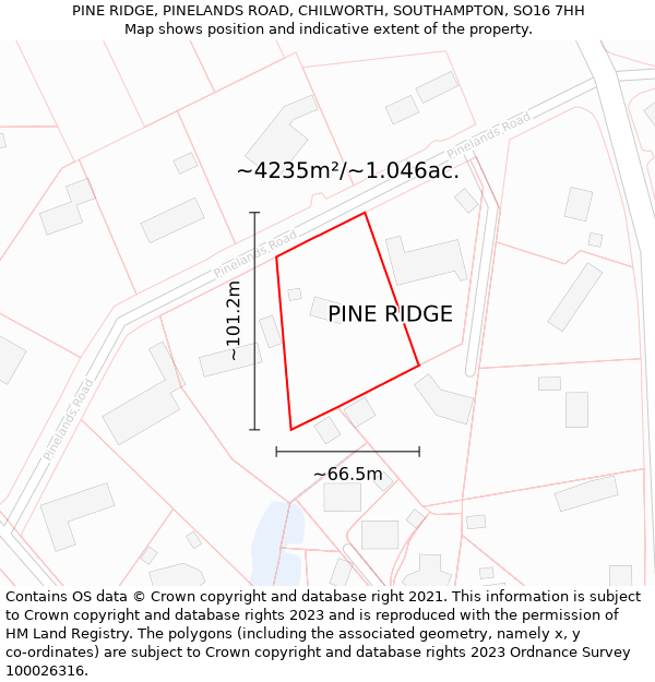 PINE RIDGE, PINELANDS ROAD, CHILWORTH, SOUTHAMPTON, SO16 7HH: Plot and title map