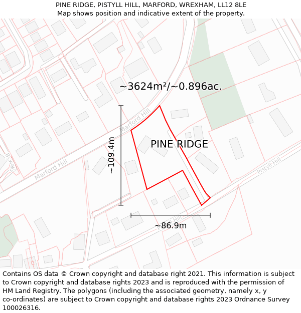 PINE RIDGE, PISTYLL HILL, MARFORD, WREXHAM, LL12 8LE: Plot and title map