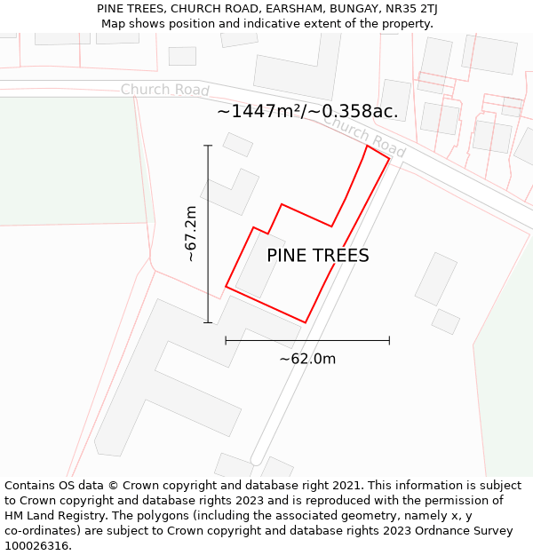 PINE TREES, CHURCH ROAD, EARSHAM, BUNGAY, NR35 2TJ: Plot and title map