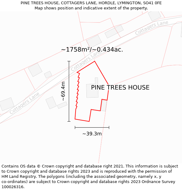 PINE TREES HOUSE, COTTAGERS LANE, HORDLE, LYMINGTON, SO41 0FE: Plot and title map