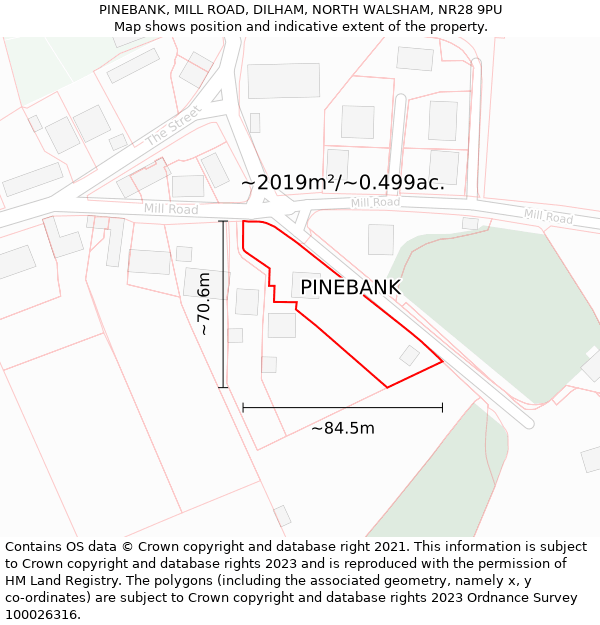 PINEBANK, MILL ROAD, DILHAM, NORTH WALSHAM, NR28 9PU: Plot and title map