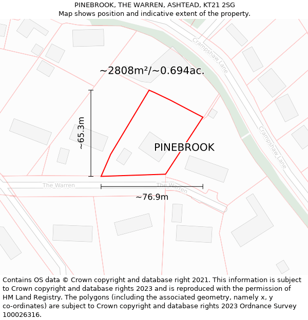 PINEBROOK, THE WARREN, ASHTEAD, KT21 2SG: Plot and title map