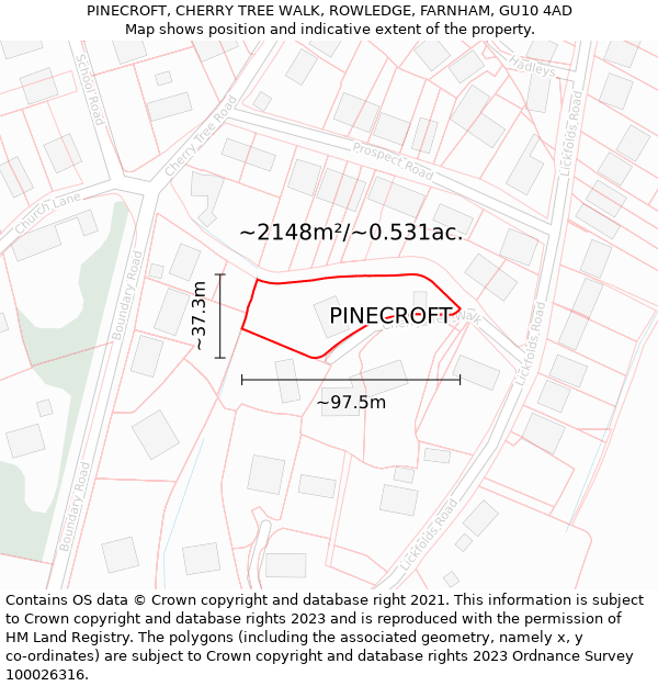 PINECROFT, CHERRY TREE WALK, ROWLEDGE, FARNHAM, GU10 4AD: Plot and title map