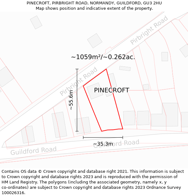 PINECROFT, PIRBRIGHT ROAD, NORMANDY, GUILDFORD, GU3 2HU: Plot and title map