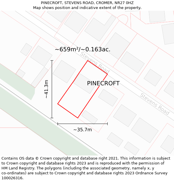 PINECROFT, STEVENS ROAD, CROMER, NR27 0HZ: Plot and title map