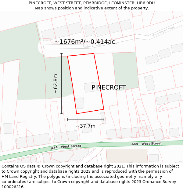 PINECROFT, WEST STREET, PEMBRIDGE, LEOMINSTER, HR6 9DU: Plot and title map