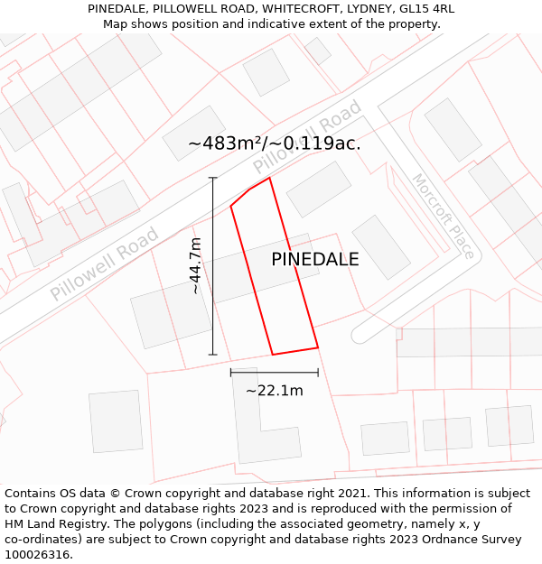 PINEDALE, PILLOWELL ROAD, WHITECROFT, LYDNEY, GL15 4RL: Plot and title map