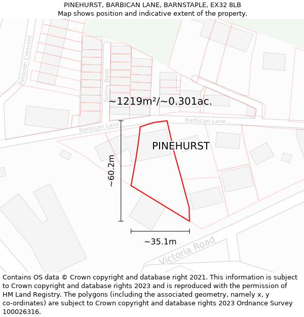 PINEHURST, BARBICAN LANE, BARNSTAPLE, EX32 8LB: Plot and title map