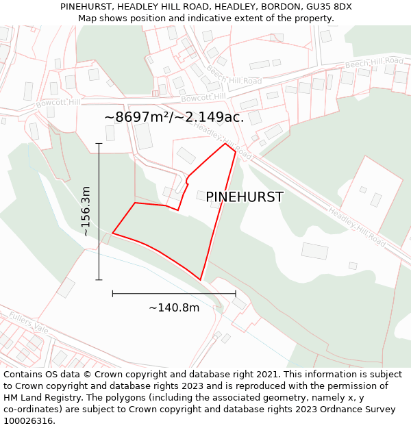 PINEHURST, HEADLEY HILL ROAD, HEADLEY, BORDON, GU35 8DX: Plot and title map