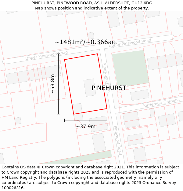 PINEHURST, PINEWOOD ROAD, ASH, ALDERSHOT, GU12 6DG: Plot and title map