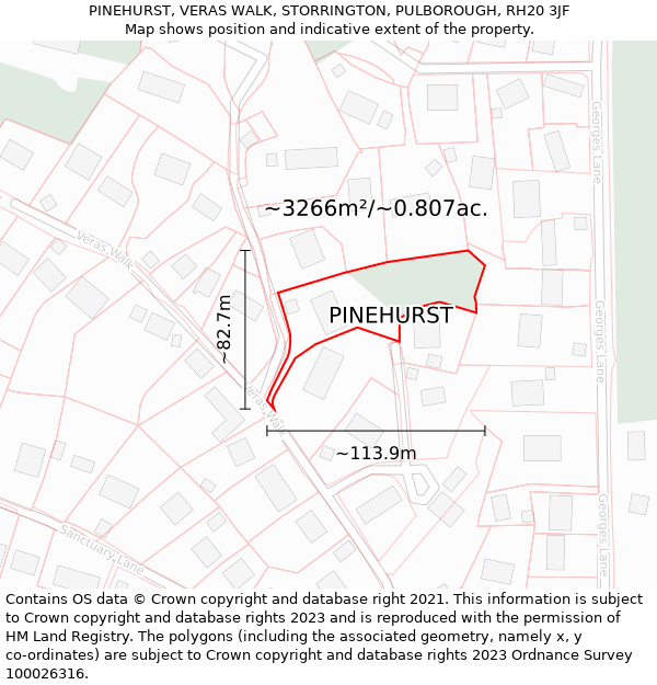 PINEHURST, VERAS WALK, STORRINGTON, PULBOROUGH, RH20 3JF: Plot and title map