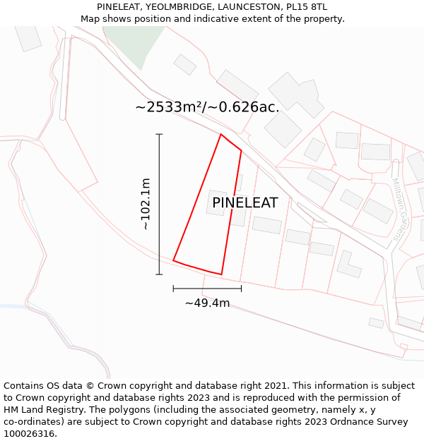 PINELEAT, YEOLMBRIDGE, LAUNCESTON, PL15 8TL: Plot and title map