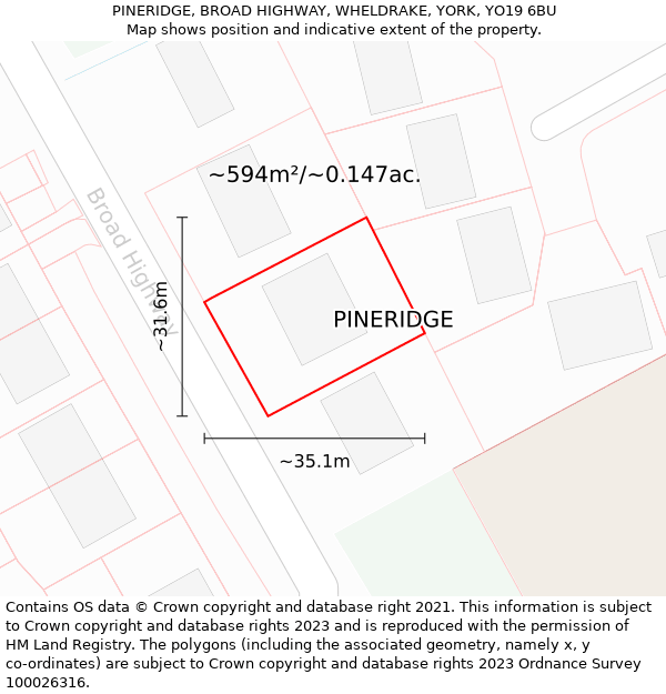 PINERIDGE, BROAD HIGHWAY, WHELDRAKE, YORK, YO19 6BU: Plot and title map