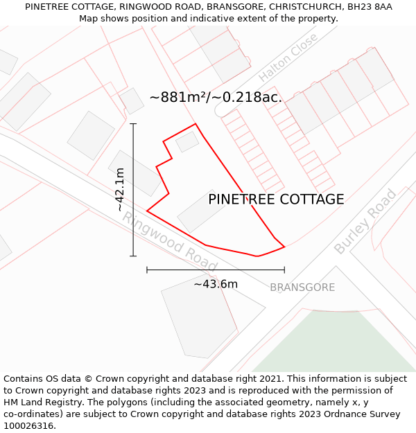 PINETREE COTTAGE, RINGWOOD ROAD, BRANSGORE, CHRISTCHURCH, BH23 8AA: Plot and title map