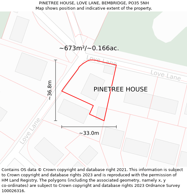 PINETREE HOUSE, LOVE LANE, BEMBRIDGE, PO35 5NH: Plot and title map