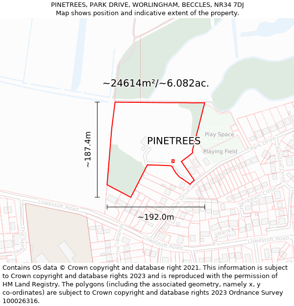 PINETREES, PARK DRIVE, WORLINGHAM, BECCLES, NR34 7DJ: Plot and title map