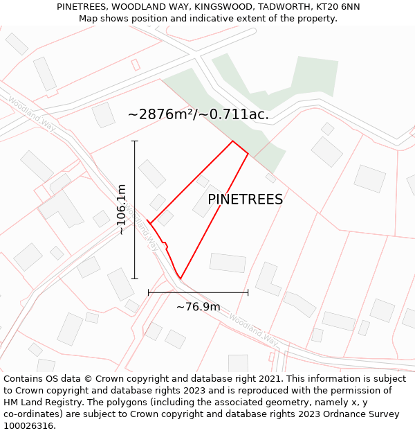 PINETREES, WOODLAND WAY, KINGSWOOD, TADWORTH, KT20 6NN: Plot and title map