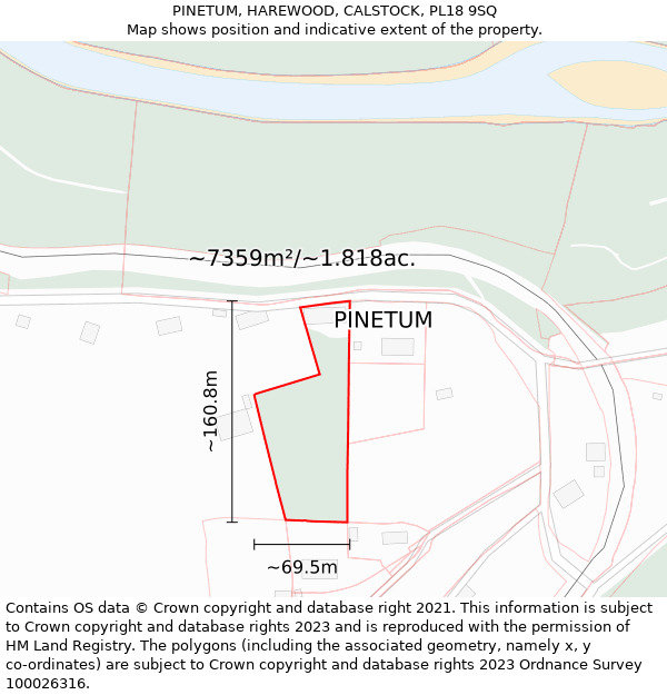 PINETUM, HAREWOOD, CALSTOCK, PL18 9SQ: Plot and title map