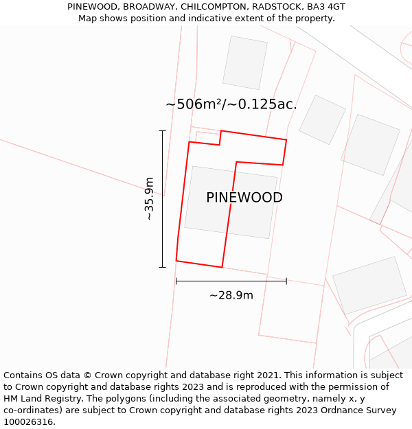PINEWOOD, BROADWAY, CHILCOMPTON, RADSTOCK, BA3 4GT: Plot and title map