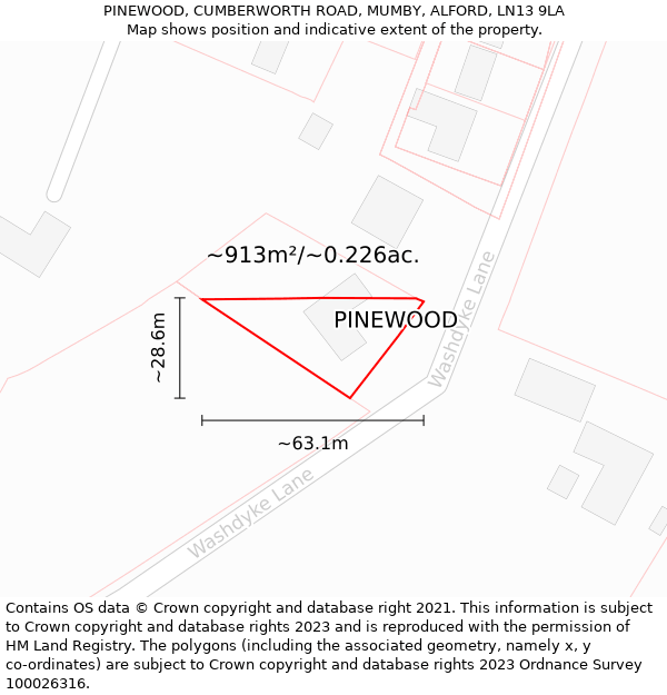 PINEWOOD, CUMBERWORTH ROAD, MUMBY, ALFORD, LN13 9LA: Plot and title map