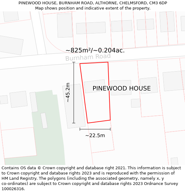 PINEWOOD HOUSE, BURNHAM ROAD, ALTHORNE, CHELMSFORD, CM3 6DP: Plot and title map