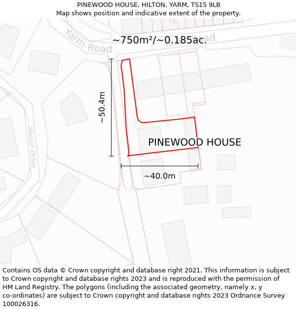 PINEWOOD HOUSE, HILTON, YARM, TS15 9LB: Plot and title map