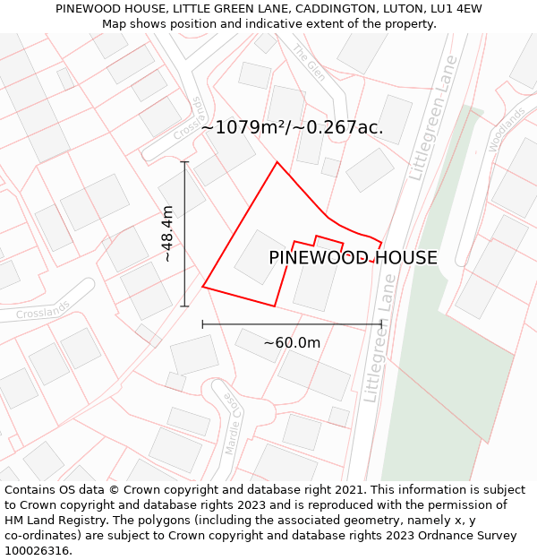 PINEWOOD HOUSE, LITTLE GREEN LANE, CADDINGTON, LUTON, LU1 4EW: Plot and title map