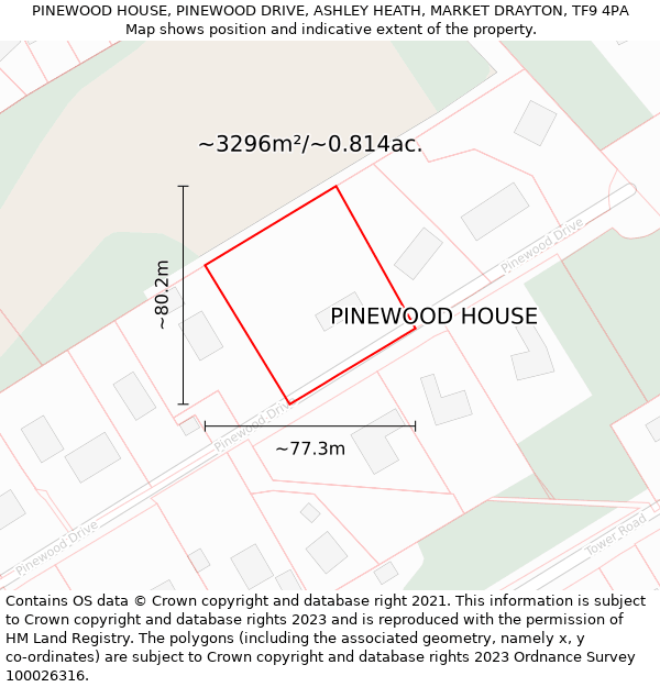 PINEWOOD HOUSE, PINEWOOD DRIVE, ASHLEY HEATH, MARKET DRAYTON, TF9 4PA: Plot and title map